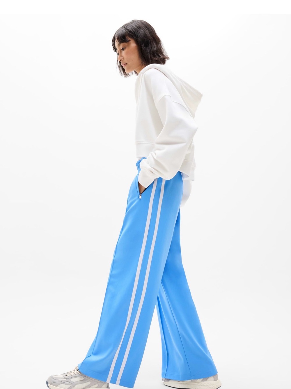 ATHLETA Tempo Wide Leg Blue Track Pants with White Side Stripes Size L Quality - Picture 5 of 8